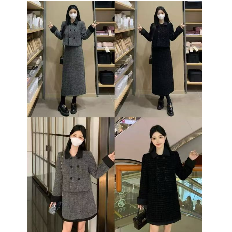 2025冬新款大码女装小香风翻领双排扣加棉外套高腰显瘦裙套装2038