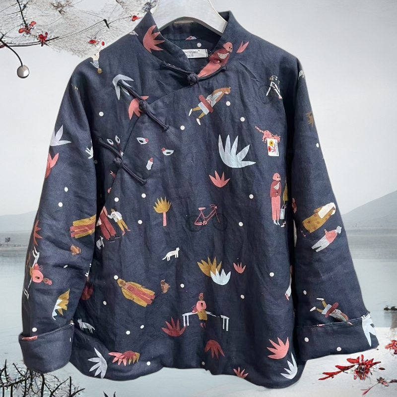 民族风文艺上衣新中式复古中国风大襟长袖倒大袖棉服