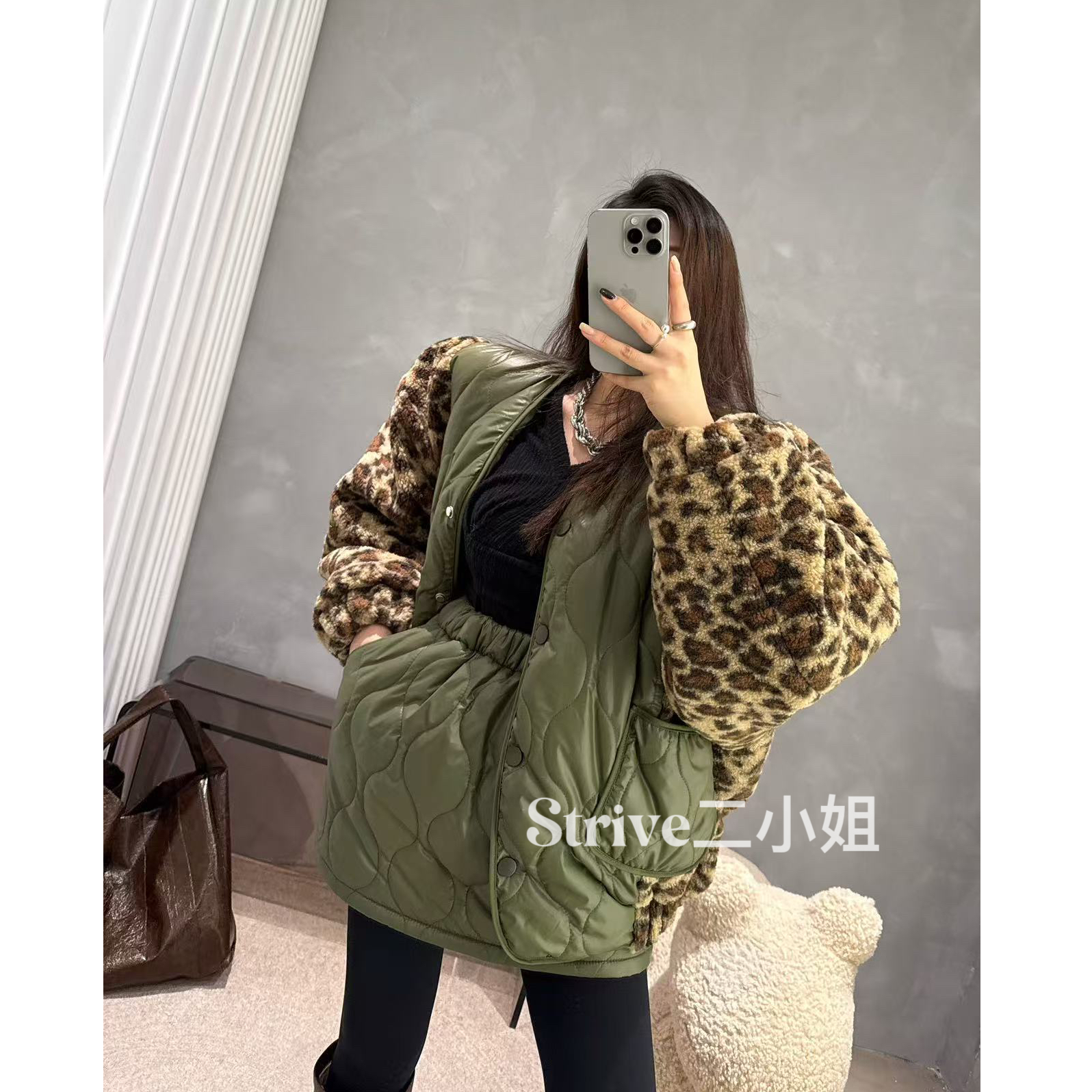 【淘气小姐】原单高品质颗粒绒豹纹拼接外套➕葫芦纹半裙两件套套装