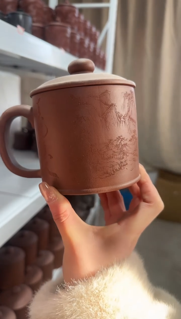 【闪购商品】紫砂盖杯紫砂盖杯顺风顺水刻绘