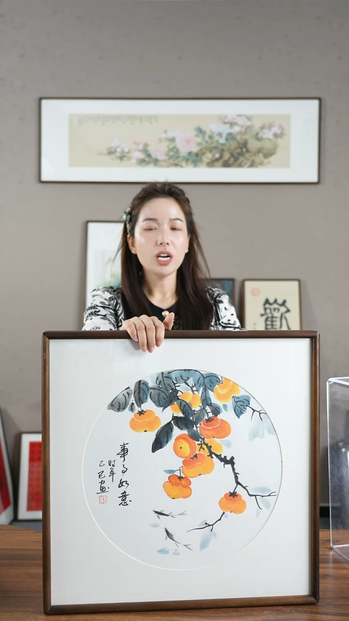 【闪购商品】书法白底水墨柿柿如意/52*52    