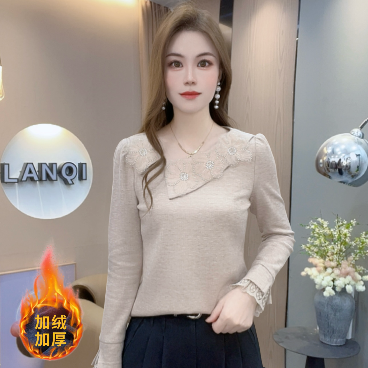 A9233女装长袖上衣法式气质斜领冬季新款小众减龄洋气显瘦上衣