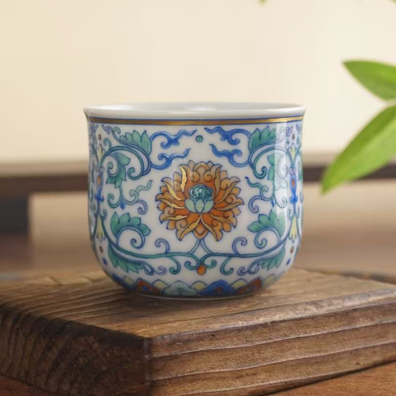 九石堂斗彩缠枝莲描金纯手工手绘主人杯描金青花瓷陶瓷中式茶杯