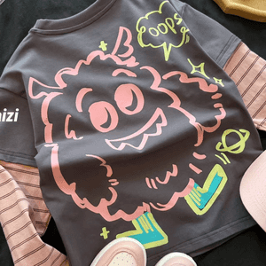 儿童假两件印花春秋款秋季森系卡通动漫洋气长袖字母秋装韩版t恤
