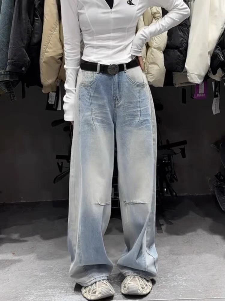 《小芸推荐》美式复古设计感阔腿牛仔裤春夏季新款高腰显瘦女裤潮