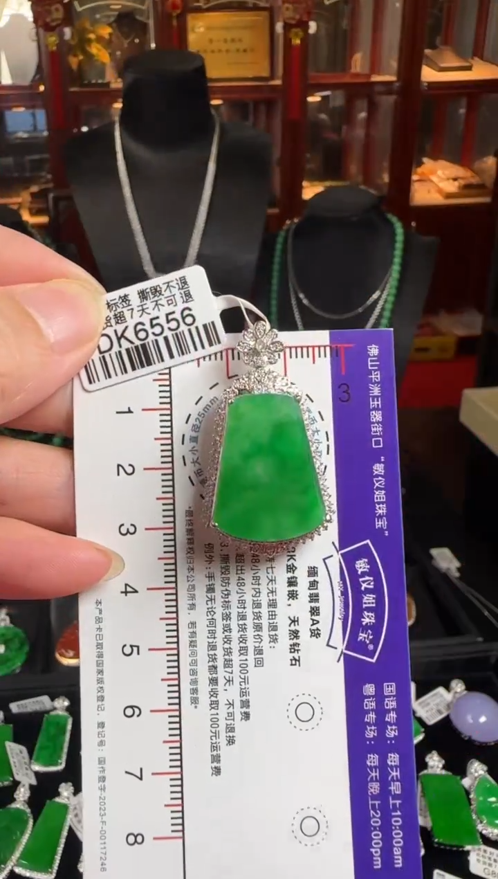 颈饰18K金镶嵌翡翠DK6556冰绿无事牌