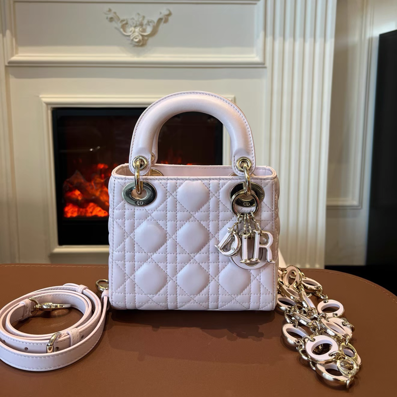 99新 DIOR/迪奥  Lady Dior可拆卸链条肩带三格戴妃 粉色/JM