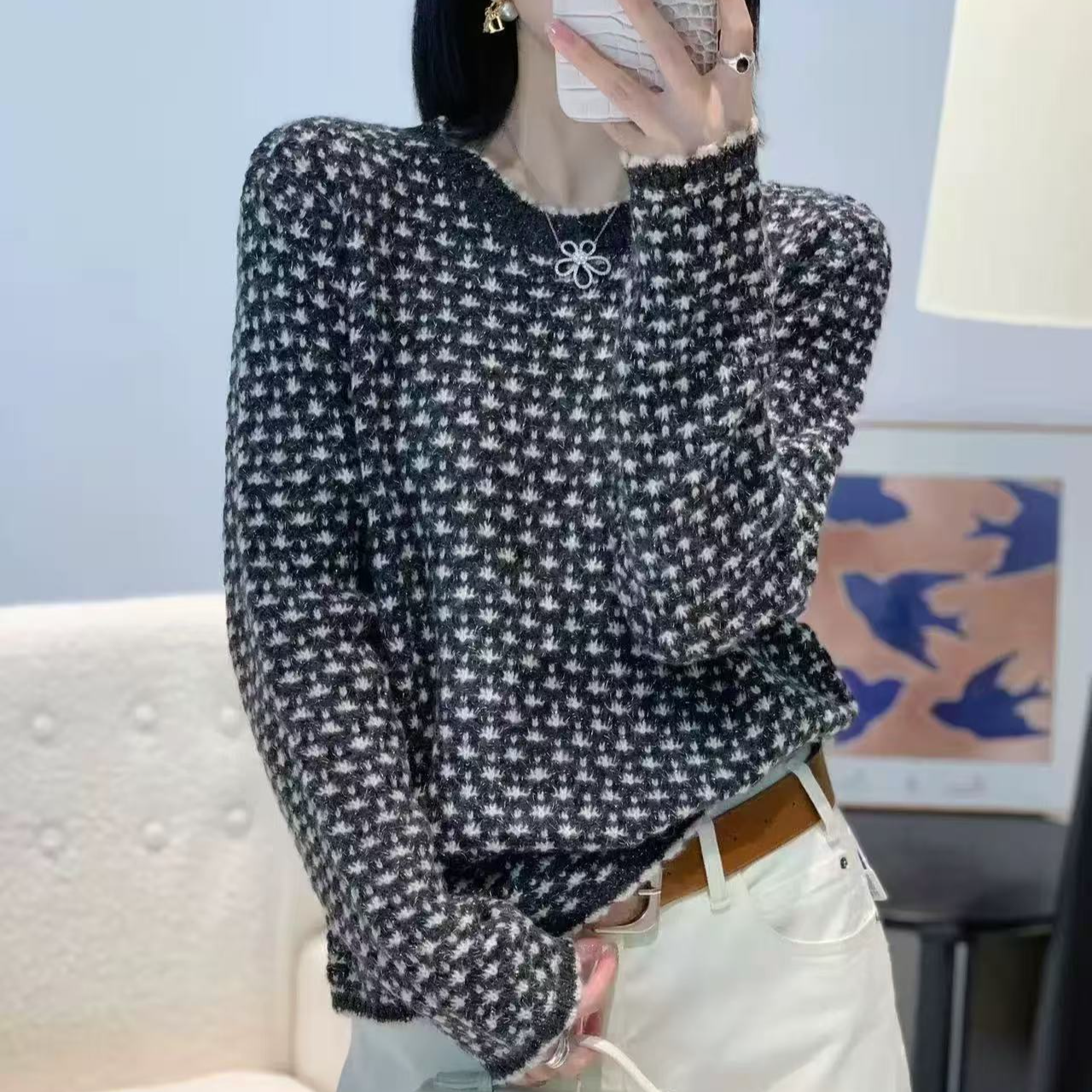 羊驼绒羊毛混纺秋冬时尚新款撞色提花气质洋气百搭女士针织衫套头