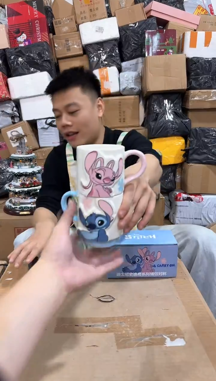 瓷片原盒史迪仔安琪花花对杯