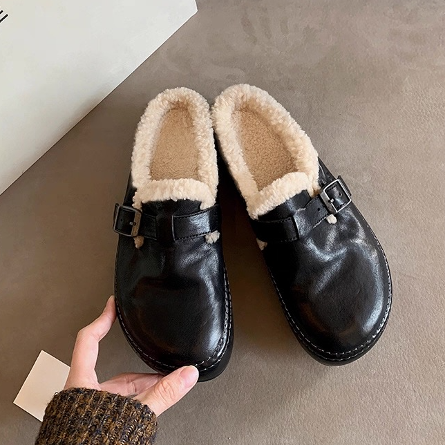软底纯加羊毛厚底秋冬季皮带搭扣修面皮包头拖水染皮踩跟单鞋保暖