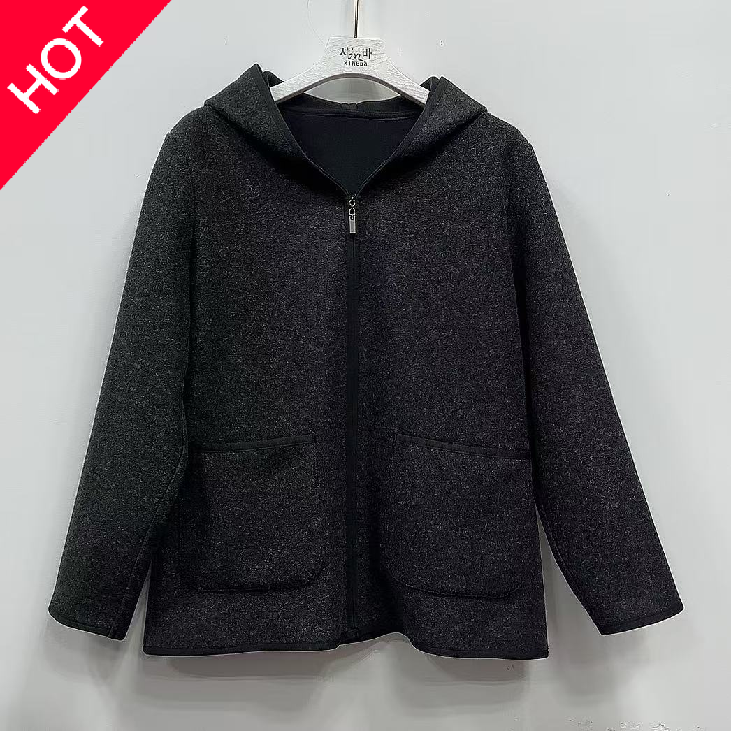 【xineba2】韩国女士毛呢连帽口袋厚款外套高端时尚洋气百搭