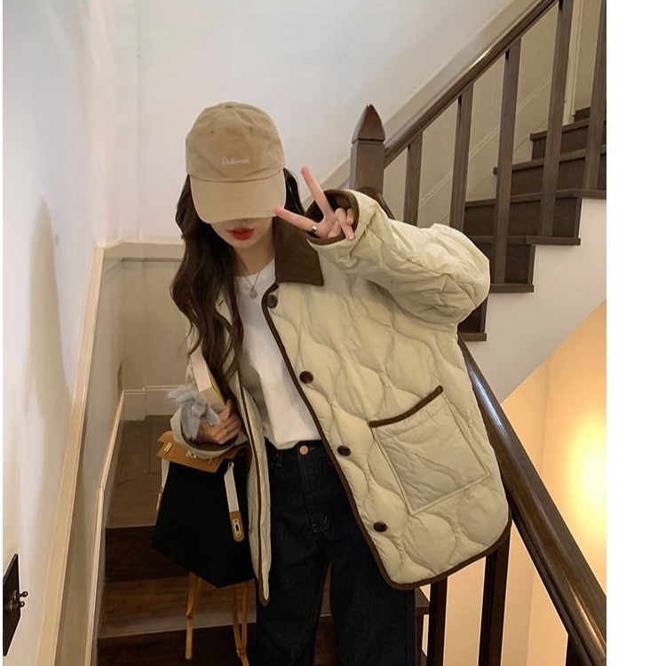 小香风棉服菱格定格棉服翻领学生棉衣新款棉衣轻薄棉衣宽松上衣