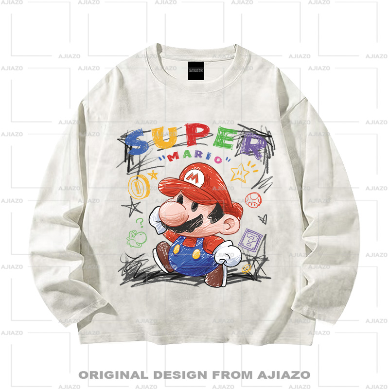 老狗十三【涂鸦画风马里奥】纯棉扎染长袖T恤 休闲百搭男女同款上衣