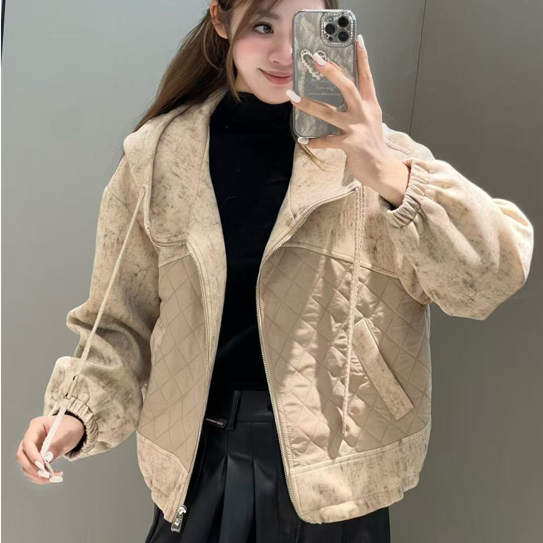 7909【衣长55】2025春季宽松休闲短款拉链上衣印花时尚连帽外套