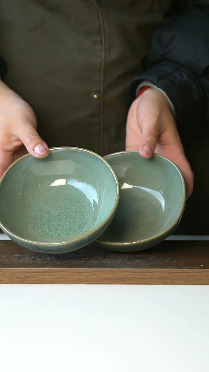 【闪购商品】陶瓷苔藓绿米饭碗2只瑕疵13cm@4-2@