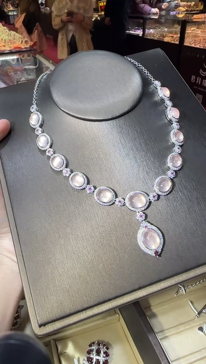 颈饰银S925镶嵌芙蓉石星光粉水晶12mm套链展会款