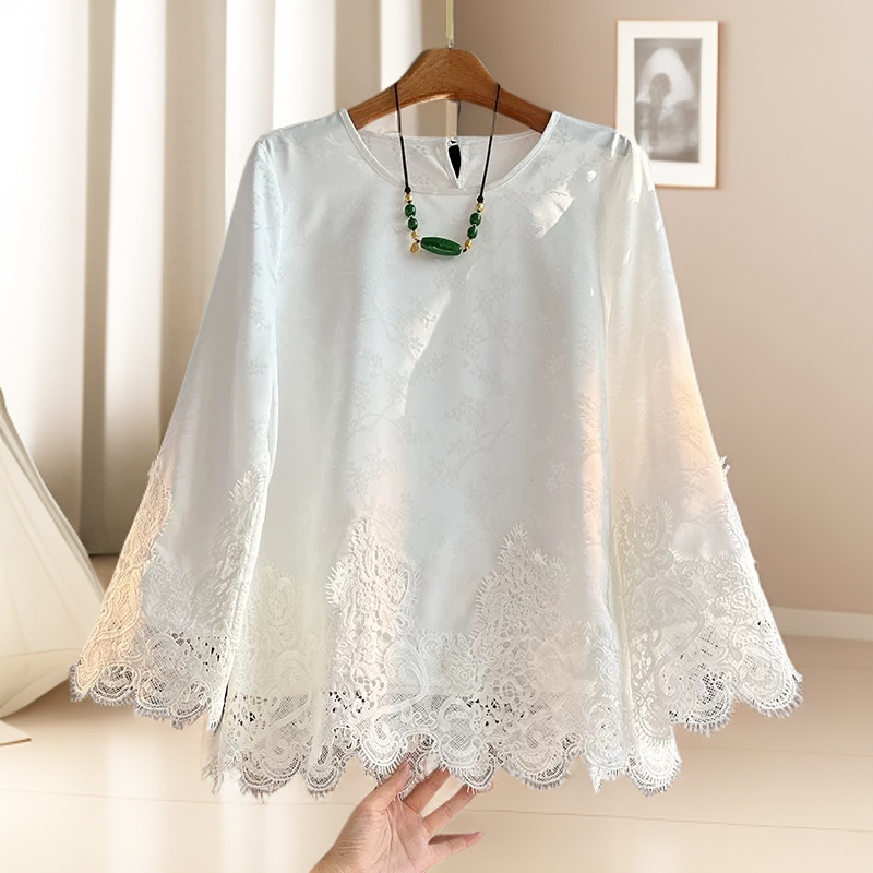白色新中式蕾丝上衣长袖女设计感小众百搭圆领人丝提花国风衬衫秋