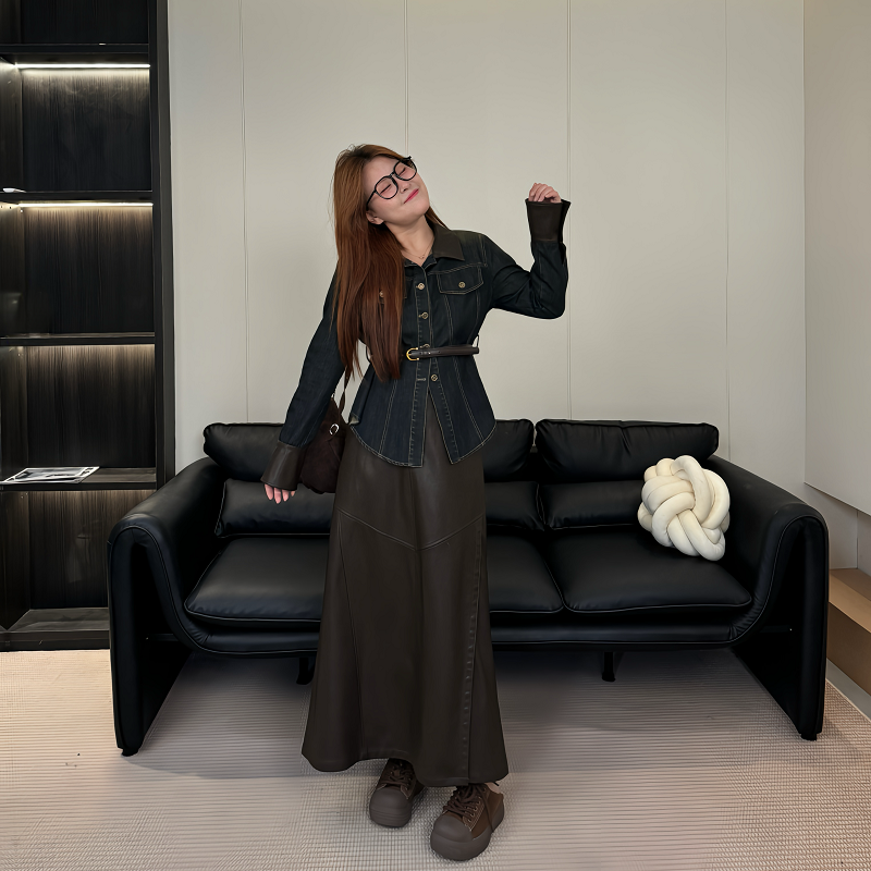 盈盈&南岛风大码女装牛仔衬衣外套秋宽松显瘦皮半身裙套装ZYY1049