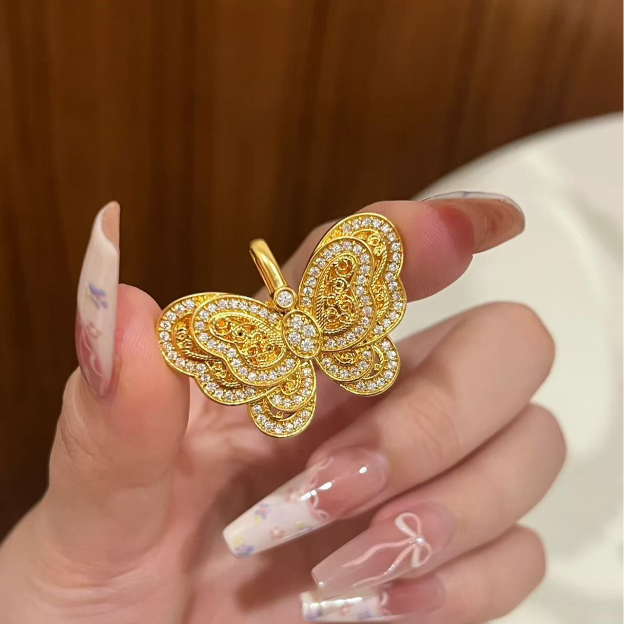 足金999莫桑立体蝴蝶吊坠复古轻奢