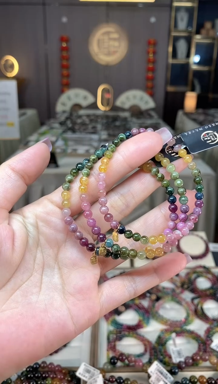 未镶嵌老矿碧玺色标彩虹单圈手串4mm+碧玺hon多样性发货一条