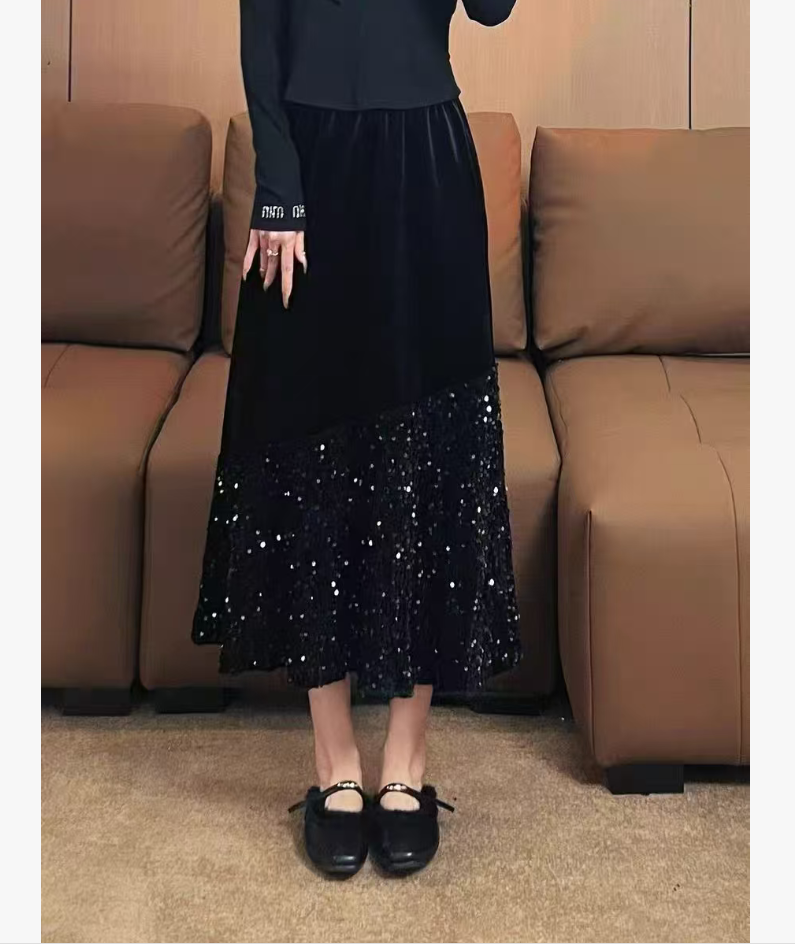 秋冬新款高级感黑色亮片拼接丝绒半身裙女高端气质显瘦裙