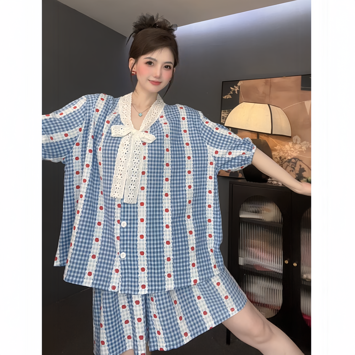 【夏日冰果】法式烂漫云朵棉宽松版短袖睡衣系带领夏薄款家居服女
