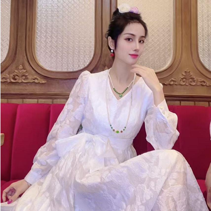 【白雪公主1】名品汇高奢定制法式绑带大裙摆重工花朵刺绣剪花长裙