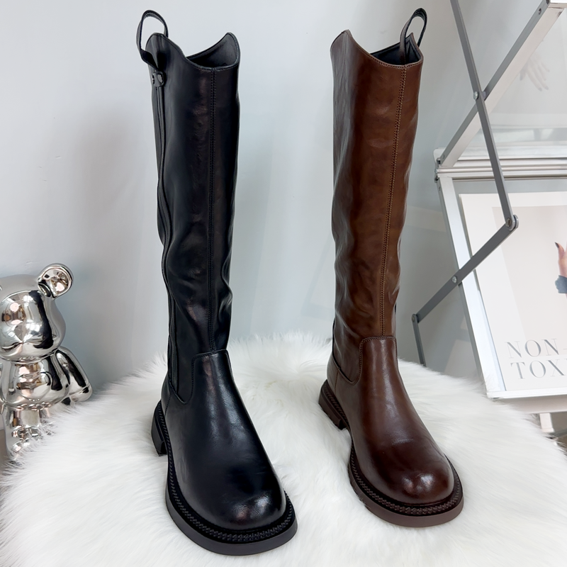 大码加肥时尚不过膝长靴女靴2025年骑士秋冬棕色高筒靴加绒时装靴