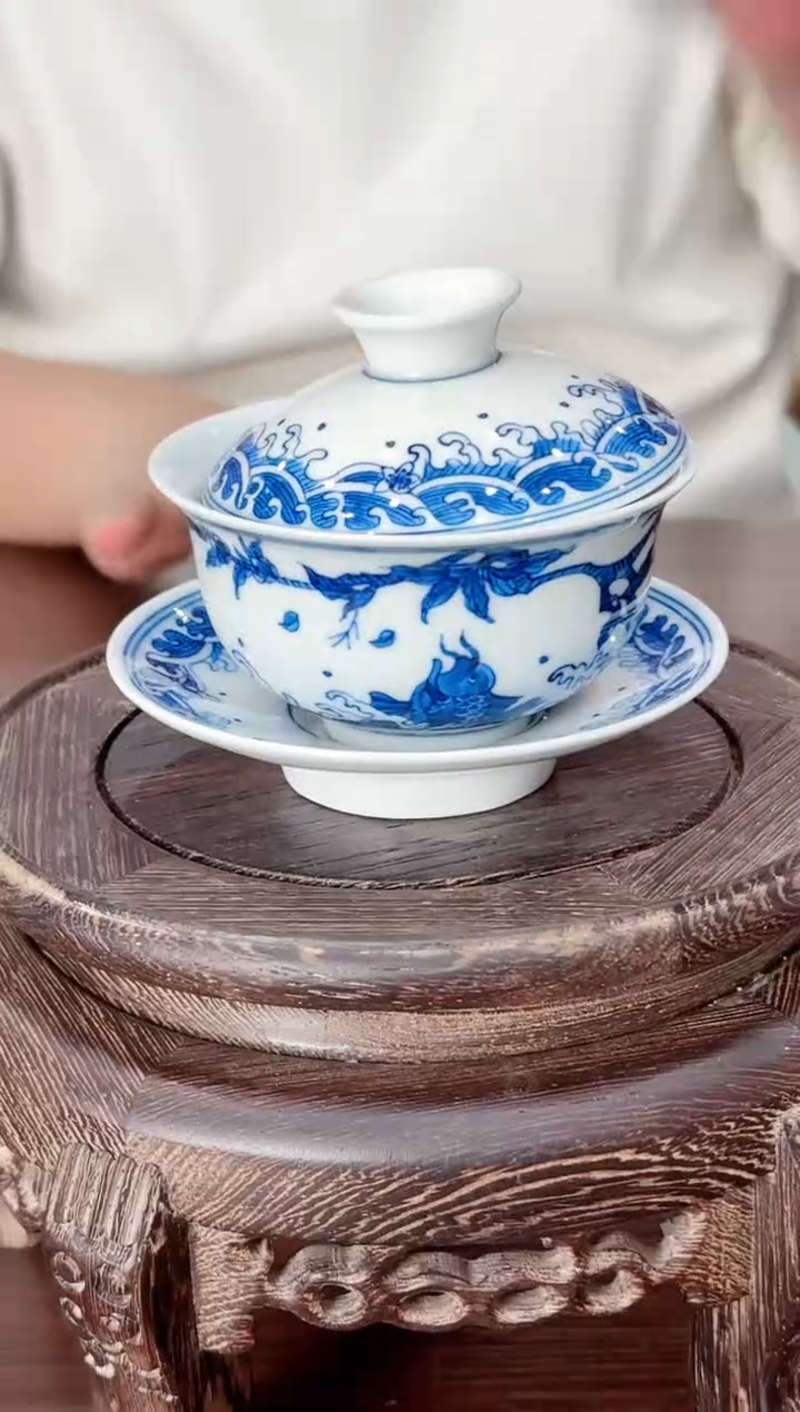 瓷045函夏非遗青花海浪金鱼鱼跃龙门三才盖碗