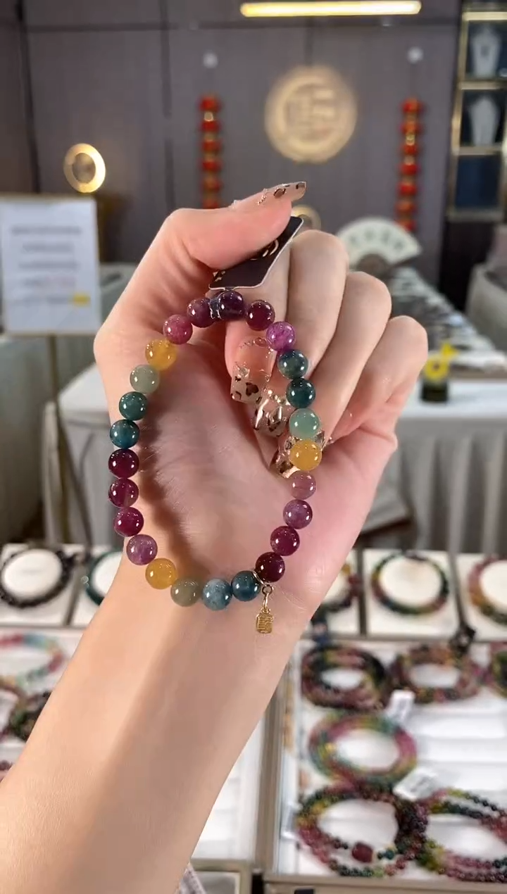 未镶嵌老矿碧玺色标彩虹单圈手串7mm+碧玺dan多样性发货一条