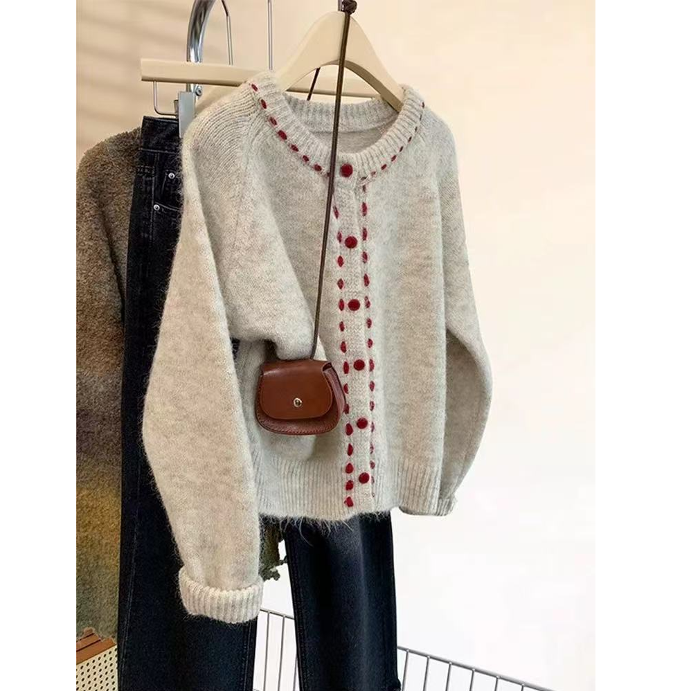 秋冬新款韩版软糯圆领长袖针织开衫外套毛衣女1009