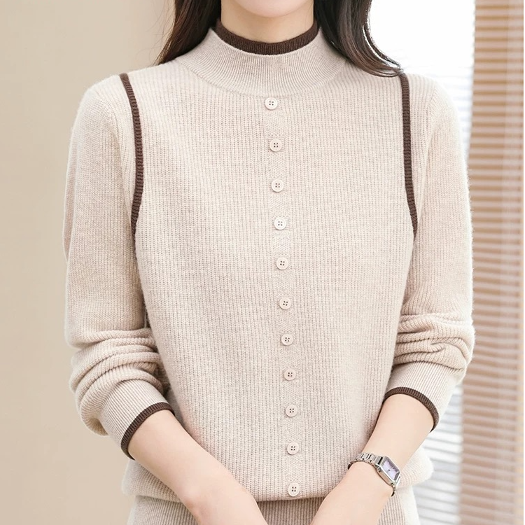 黛妍821冬季新款100%羊毛洋气百搭女款半高领单排扣针织套头上衣