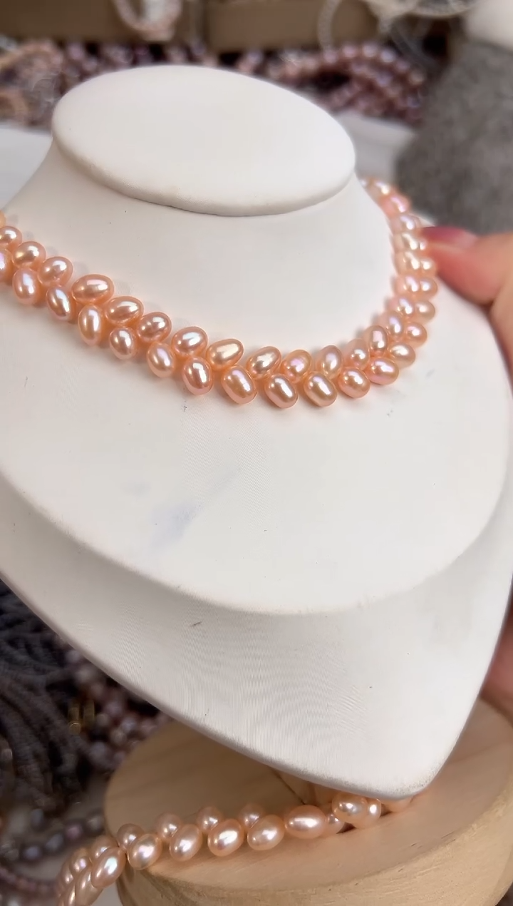 未镶嵌2淡水珍珠无核*强光珍珠项链（金粉色）麦穗