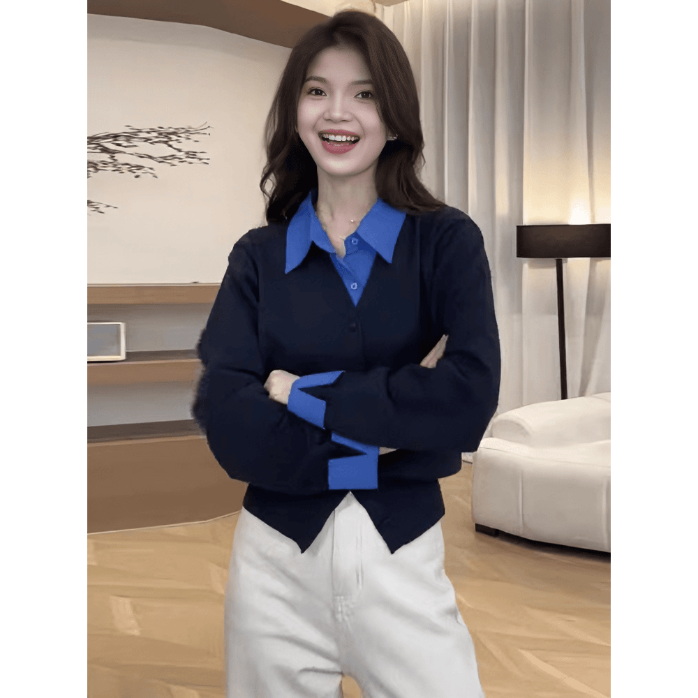 法式polo领拼接假两件上衣女春秋冬季2025新款设计感毛衣针织开衫