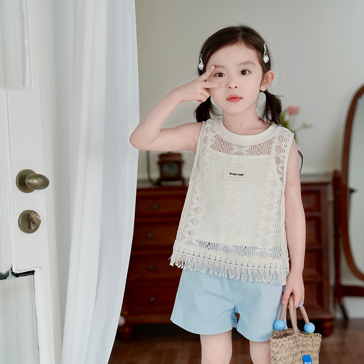 现货【镂空两件套】3633夏装女童女宝百搭无袖套头衫背心两件套