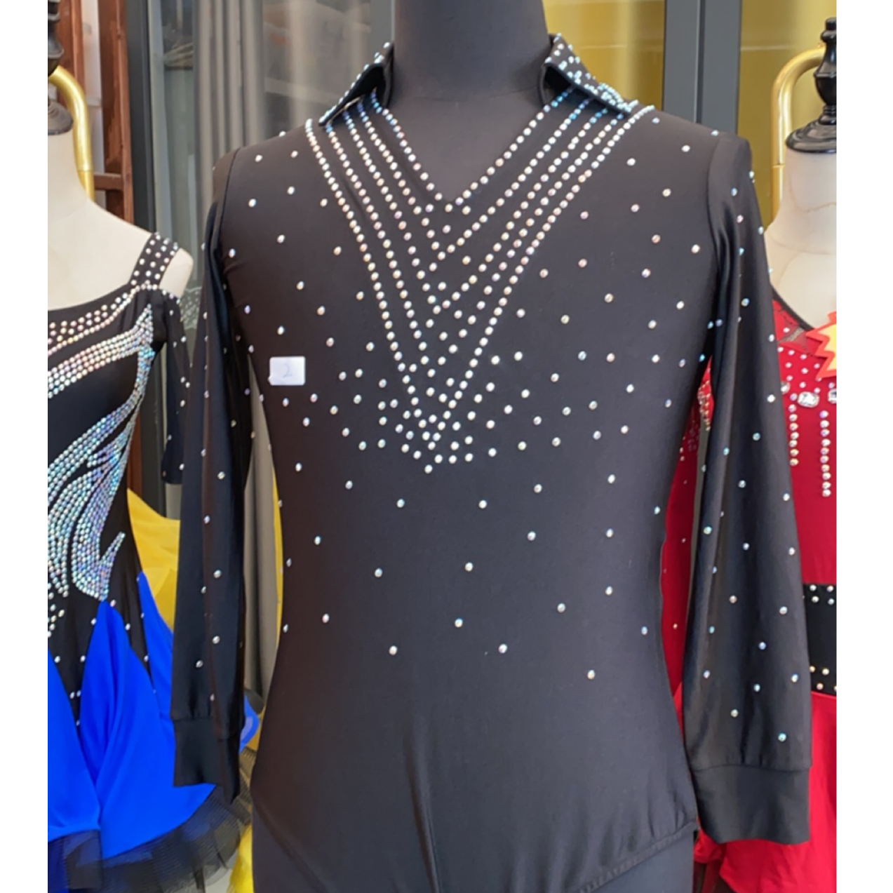 瑕疵款男士拉丁舞比赛服上衣演出服上衣衬衫黑色V领全身中东钻