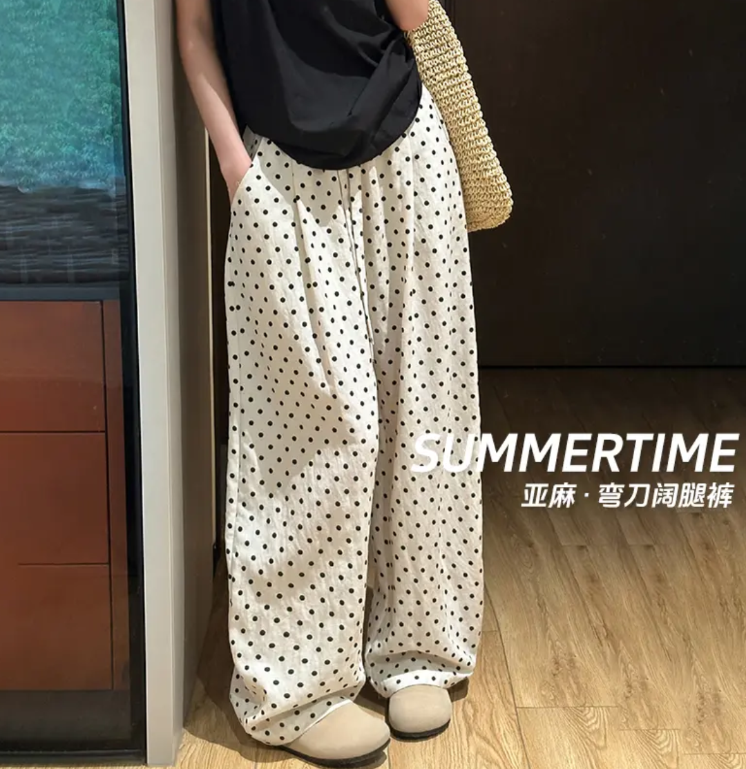 重工亚麻~波点印花松紧腰薄款棉麻休闲裤女夏季松弛感阔腿弯刀裤
