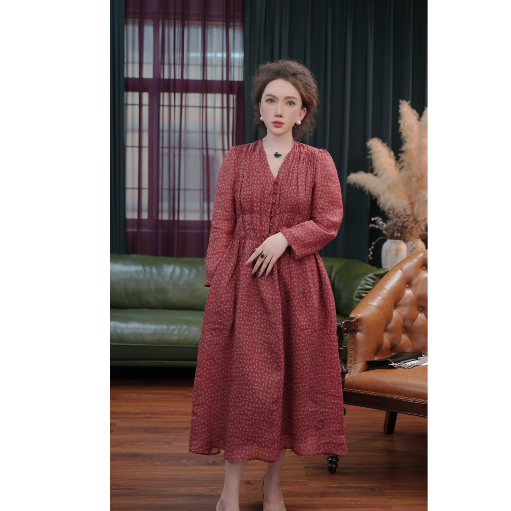 文艺气质显瘦小红花苎麻长袖连衣裙