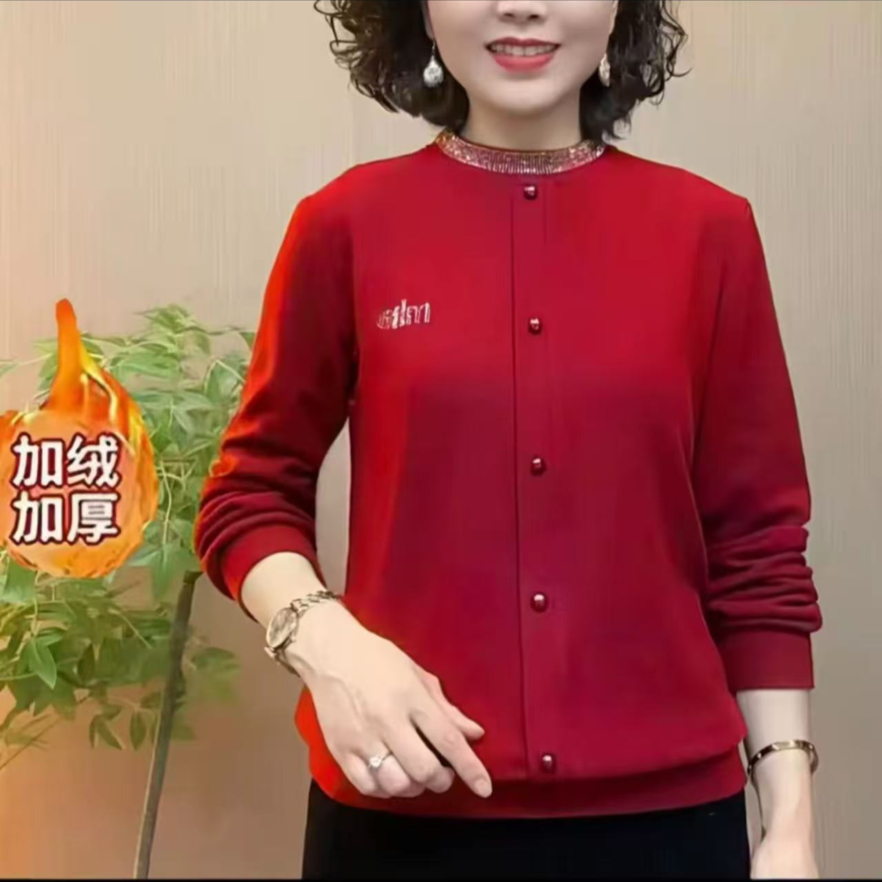 (六博)女士领子烫钻加绒绒衫卫衣