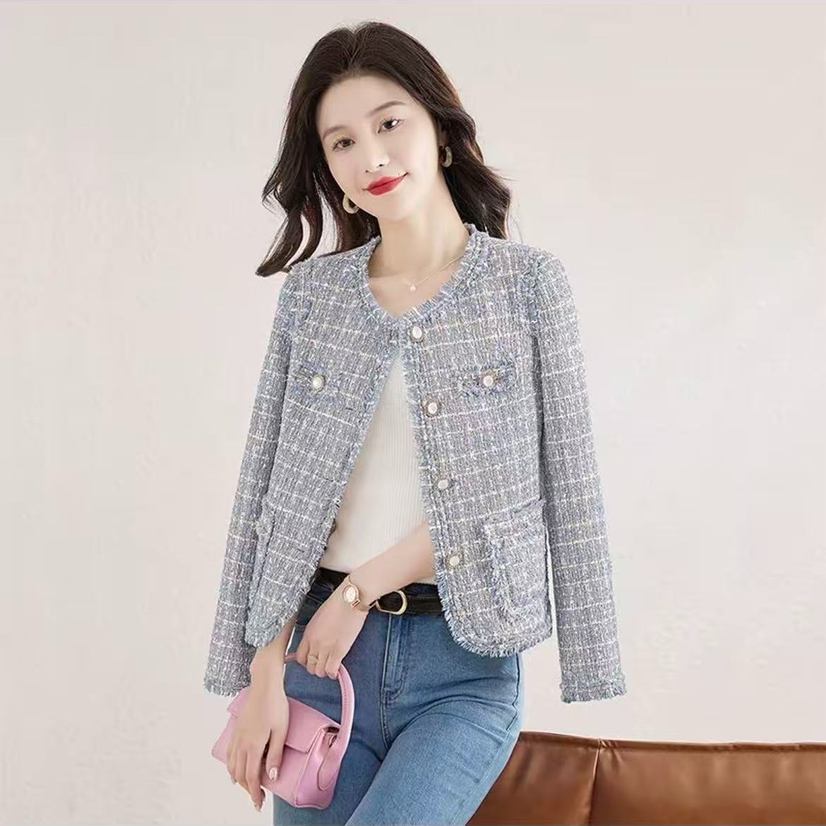 2025秋季新款气质小香风粗花呢法式女宽松名媛时尚外套