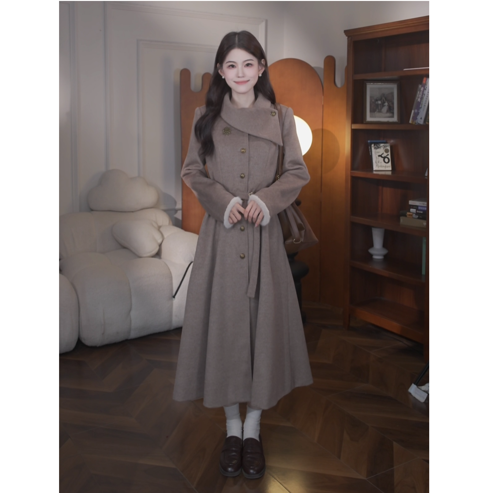 鹿向南【首尔初见时】韩系翻领设计感收腰羊毛呢子连衣裙气质大衣女