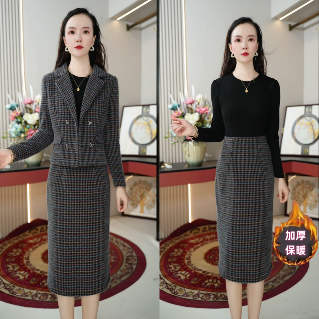8821A外套+裙子秋冬新款洋气套裙遮肉显瘦时尚妈妈装气质两件套