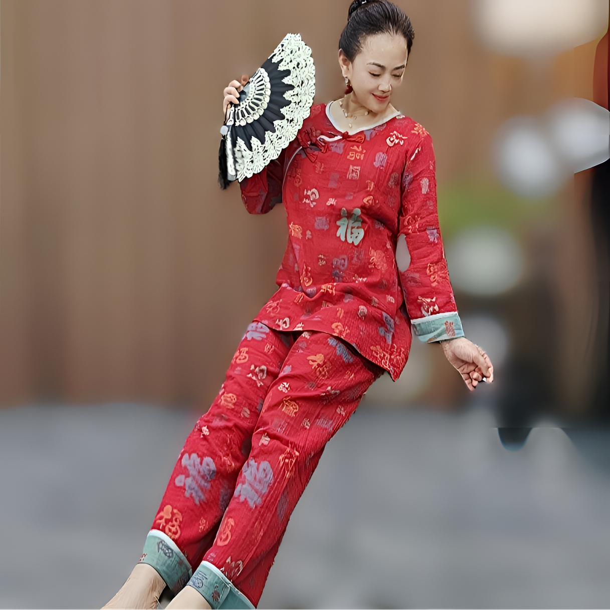 129时尚睡衣 洋气两件套 舒适个性福气满满 潮流扣盘 气质民族风