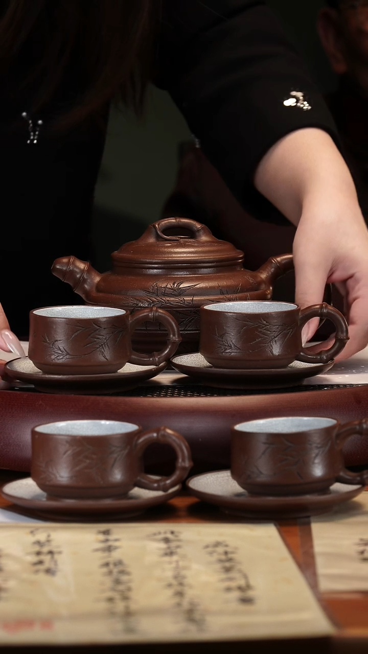 【闪购商品】紫砂茶壶2-64ZCP双线竹鼓套组甲级紫泥