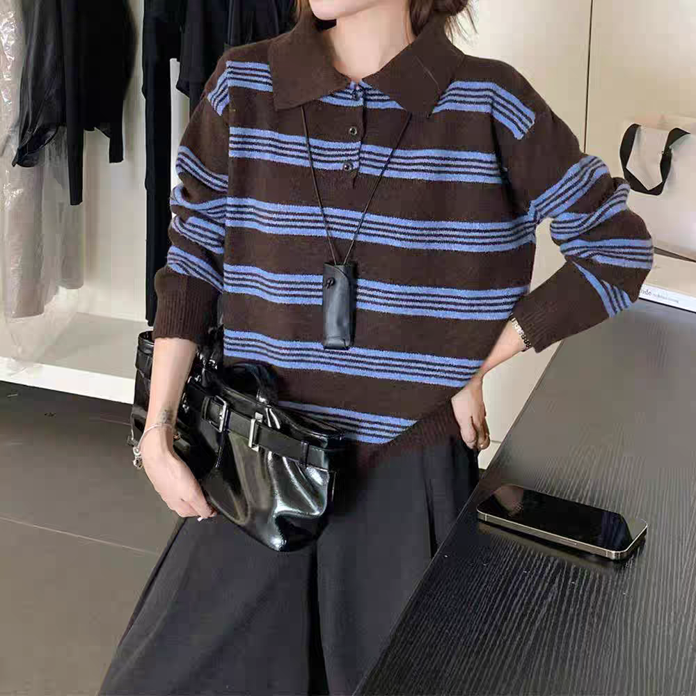 韩式撞色条纹polo衫2025秋冬新款宽松慵懒风软糯毛衣上衣翻领卫衣