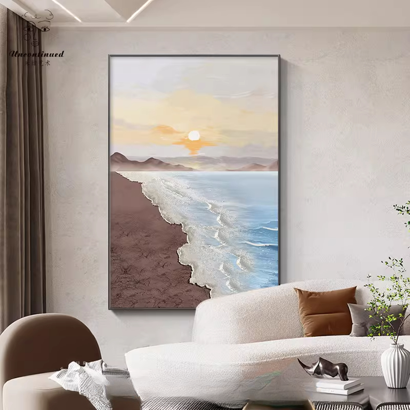侘寂风客厅装饰画大海日出巨大幅落地画高级感肌理画玄关挂画抽象