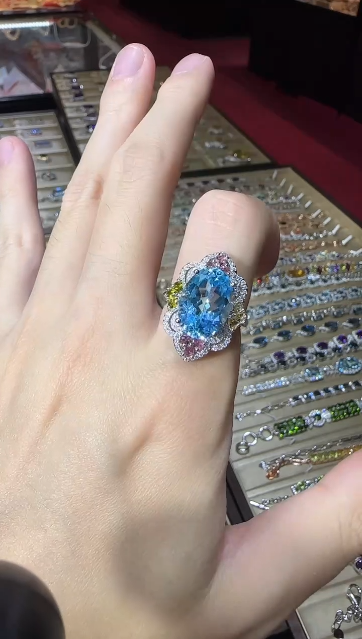 银S925镶嵌戒指托帕石10*14mm