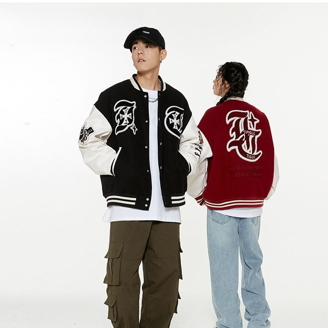 美式复古撞色拼接棒球服男高街潮流重磅加厚毛呢刺绣外套