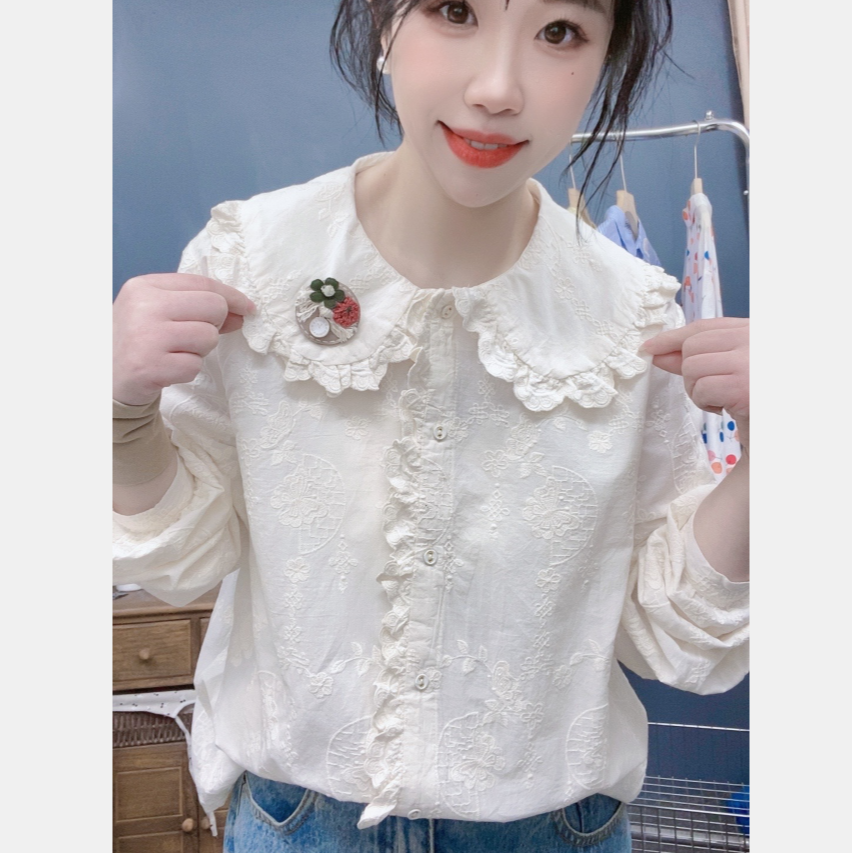 长袖衬衣不褪色衬衫娃娃领小众春装白色设计感百搭宽松衬衣甜美