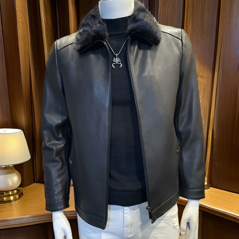 海宁真皮皮衣高端头层山羊皮鹅绒内胆可脱卸保暖水貂毛领商务休闲